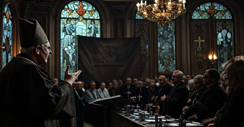 Obraz przedstawiający abp. Adriana Galbasa i bp. Grzegorza Suchodolskiego podczas Forum Mosty w Warszawie. Scena ukazuje modernistyczną audytorium z zniekształconymi witrażami i subtelnymi symbolami apostazji.