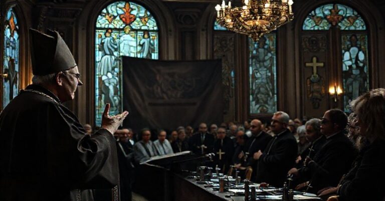 Obraz przedstawiający abp. Adriana Galbasa i bp. Grzegorza Suchodolskiego podczas Forum Mosty w Warszawie. Scena ukazuje modernistyczną audytorium z zniekształconymi witrażami i subtelnymi symbolami apostazji.