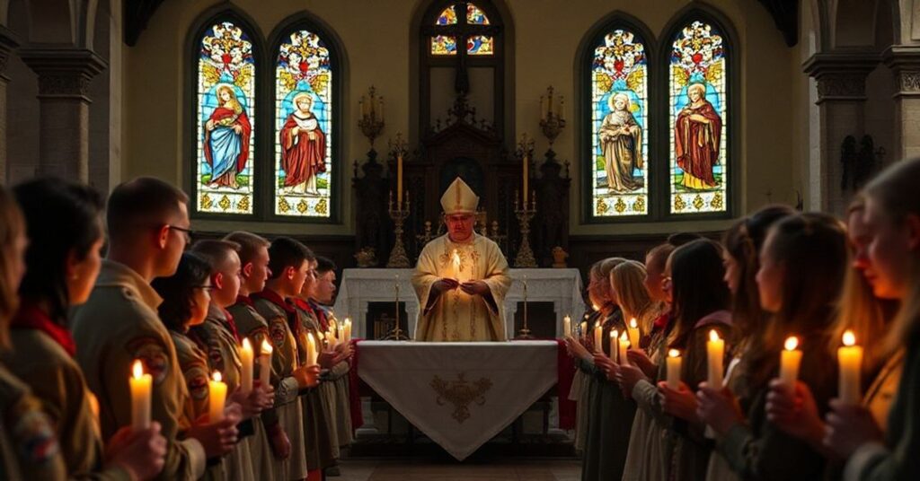 Ceremonia Betlejemskiego Światła Pokoju w Opolu z udziałem rzekomego biskupa Waldemara Musiała. Scena przedstawia apostazję i odrzucenie nauki katolickiej.