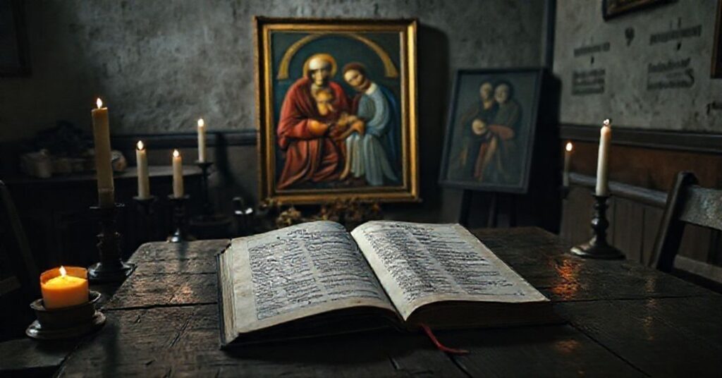 Ciemna pokój z listem pasterskim na stole otoczonym przedmiotami sakramentalnymi, symbolizujący apostazję neokatolicką