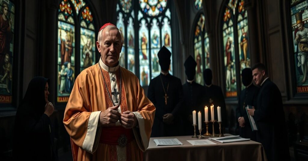 Tradycyjny biskup katolicki w pełnych liturgicznych strojach stoi w ciemnym kościele szwajcarskim. Przygląda się dokumentowi o obowiązkowych badaniach psychologicznych.