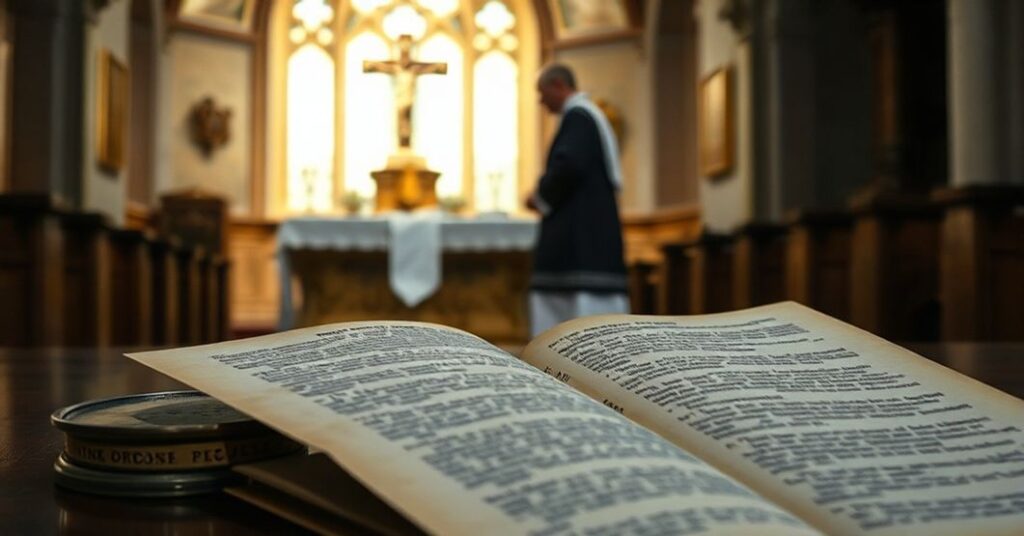 Tradycyjny kościelny wnętrze z ołtarzem i kapłanem w sutannie; na przodzie widoczny porzucony numer tygodnika promującego heretyków