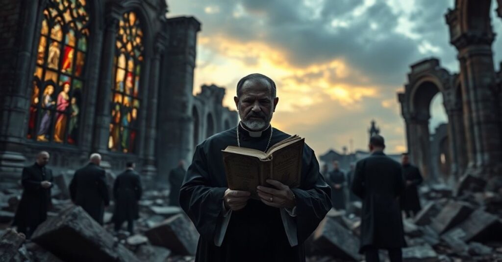 Tradycyjny katolicki ksiądz stojący wśród ruin kościoła symbolizujących apostazję po Soborze Watykańskim II