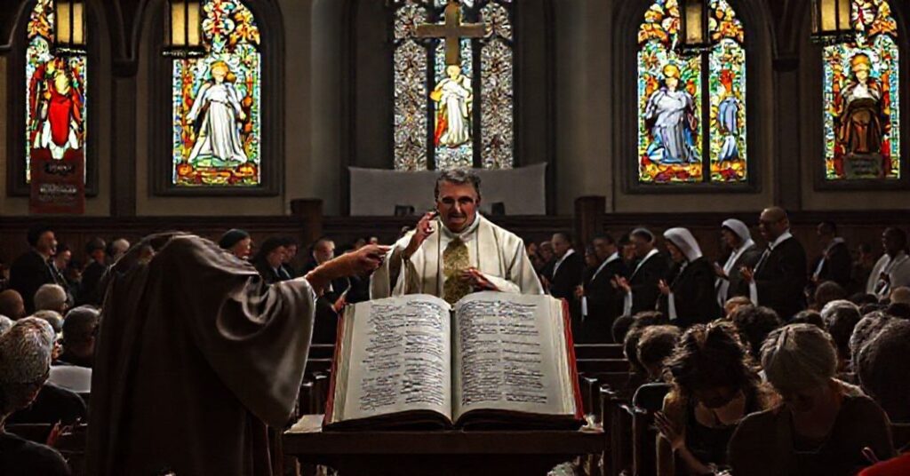 Scena w tradycyjnym kościele katolickim przedstawiająca konflikt między tradycyjną pobożnością maryjną a nowoczesnym modernizmem. Ksiądz z Biblią wskazuje na werset o łaskach Marji podczas gdy inni duchowni usuwają obrazy maryjne z sanktuarium.