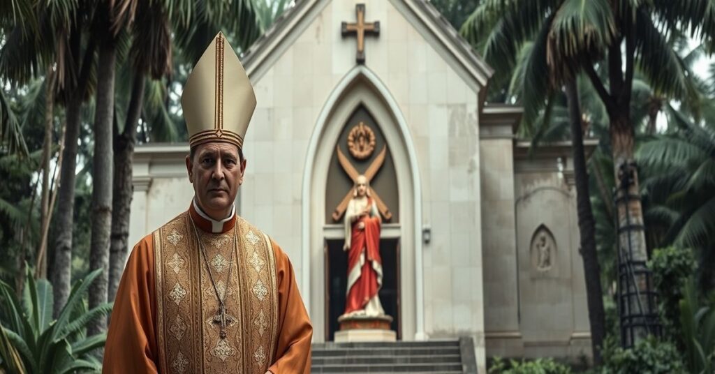 Tradycyjny księż katolicki w ornacie stoi przed zrujnowanym kościołem w Amazoniżce, symbolizując degradację wiary.