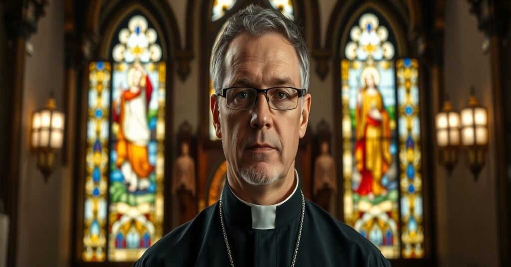 Arcybiskup Broglio w tradycyjnym kościele katolickim, symbolizujący apostazję amerykańskich biskupów poprzez współpracę z rządem USA.