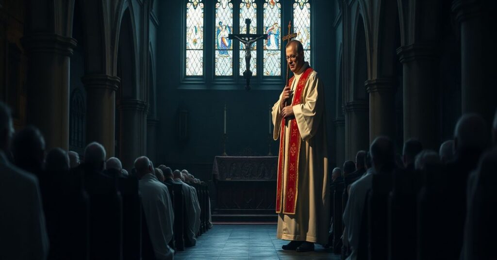 Tradycyjny katolicki ksiądz w ornatach stoi przed modernistycznymi duchownymi anglikańskimi w kościele.