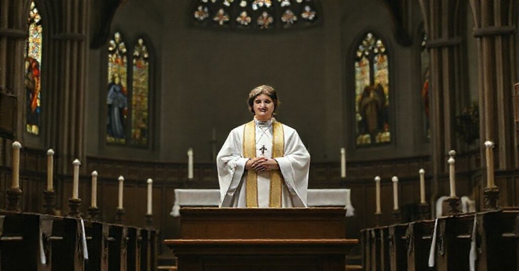 Tradycyjny wnętrze kościoła katolickiego z kobietą w szatach kapłańskich stojącą przy ołtarzu, symbolizujące kryzys duchowy i apostazję anglikanizmu.