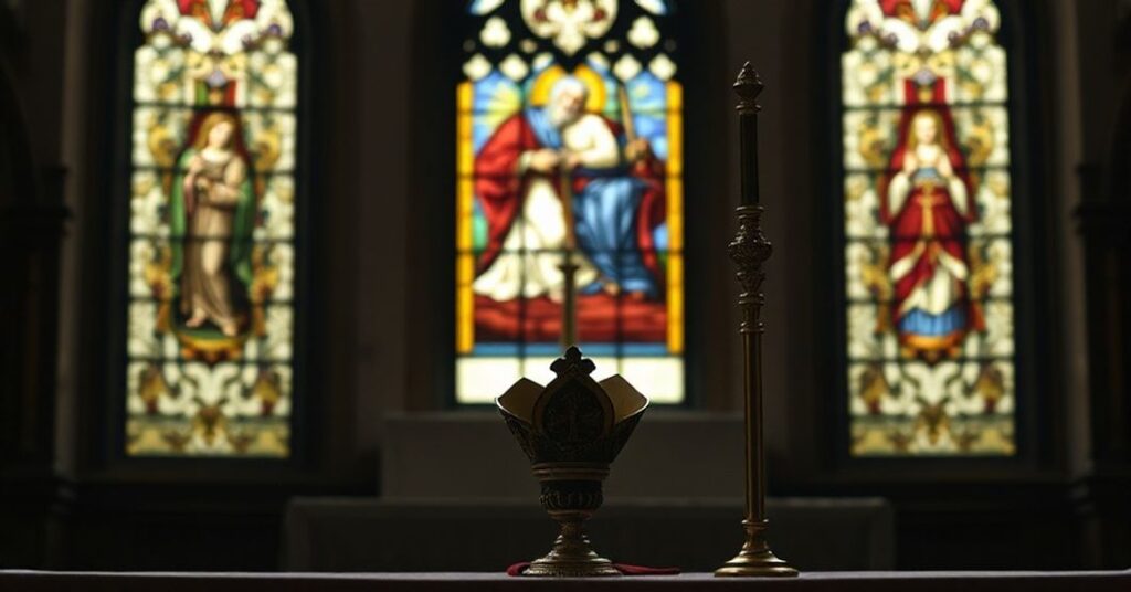 Ołtarz katolicki z pustym mitrą biskupią i pałką biskupią jako symbol pustki prawdziwej sukcesji apostolskiej w anglikanizmie