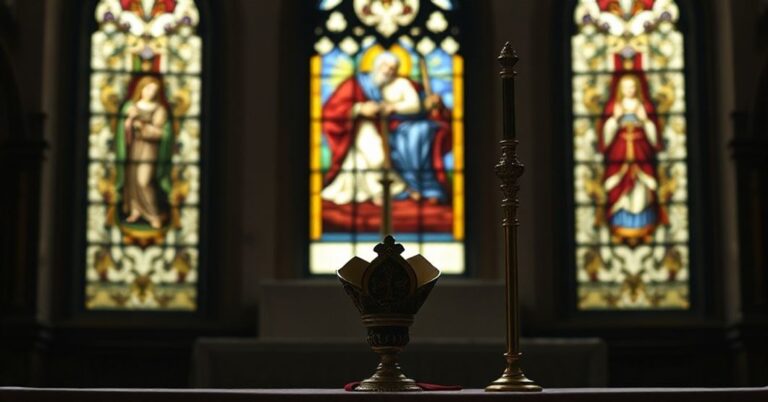 Ołtarz katolicki z pustym mitrą biskupią i pałką biskupią jako symbol pustki prawdziwej sukcesji apostolskiej w anglikanizmie