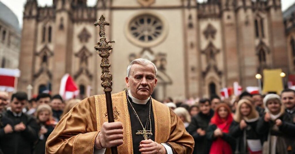 Sobór w Krakowie z niegodziwym "arcybiskupem" Grzegorzem Rysiem na tle zaniepokojonych katolików.