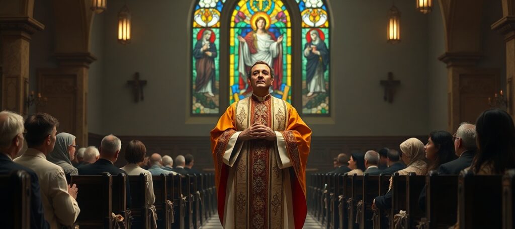 Tradycyjny katoliccy scenariusz przedstawiający kryzys moralny i duchowy współczesnego świata z naciskiem na brak panowania Chrystusa Króla w dzisiejszym społeczeństwie. Poważny ksiądz w tradycyjnych ornatach stoi w skromnym kościele, trzymając krzyż, z grupą wiernych klęczących za nim. Na tle widoczne są słabe, przerażające obrazy przemocy i konfliktów w Ziemi Świętej, symbolizujące apostazję świata. Spójrz księdza skierowany jest ku górze, do okna witrażowego przedstawiającego Chrystusa Króla. Oświetlenie jest miękkie, ale dramatyczne, podkreślające sakralną atmosferę. Obrazy przekazuje uczucie tęsknoty za sprawiedliwością Bożą i wkrótce pokutę.