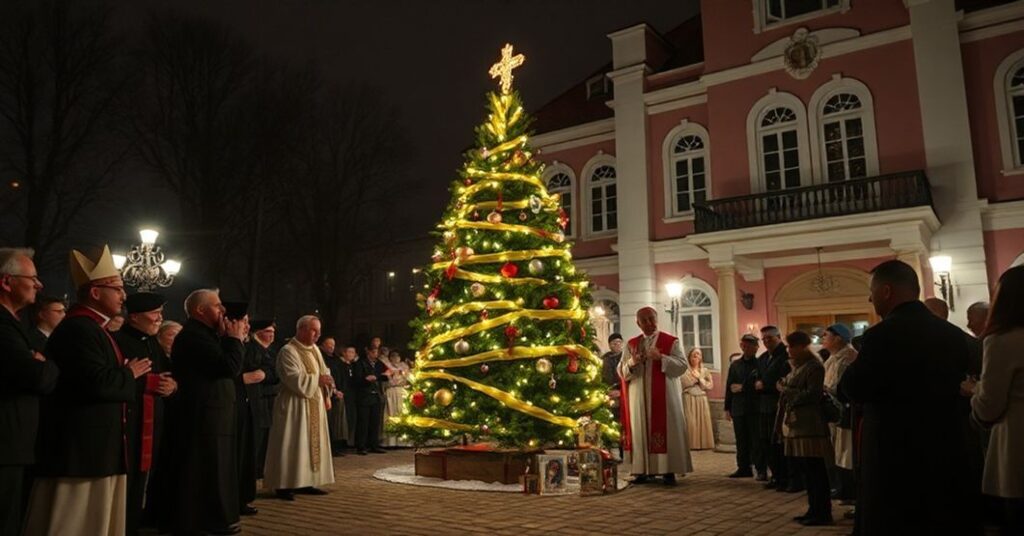 Uroczystość przed kurialnym gmachem w Bielsku-Białej z fałszywym biskupem Romanem Pindlem i klerem modernistycznym uczestniczącym w pogańskim rytuale zapalania jodły