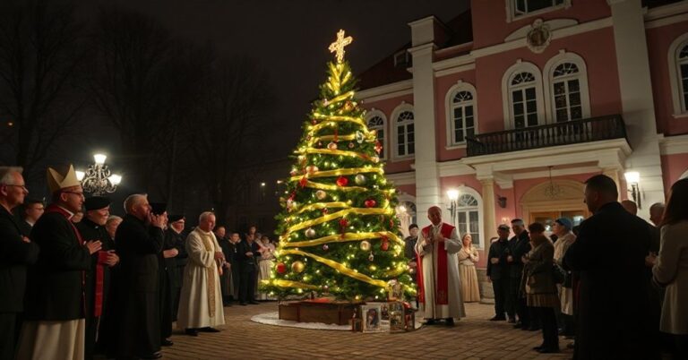 Uroczystość przed kurialnym gmachem w Bielsku-Białej z fałszywym biskupem Romanem Pindlem i klerem modernistycznym uczestniczącym w pogańskim rytuale zapalania jodły