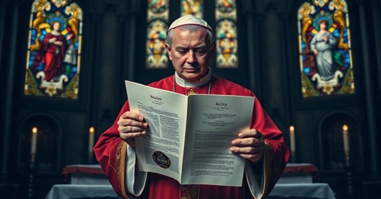 Biskup w tradycyjnych szatach kościelnych przed ołtarzem trzyma dokument symbolizujący apostazję Kościoła