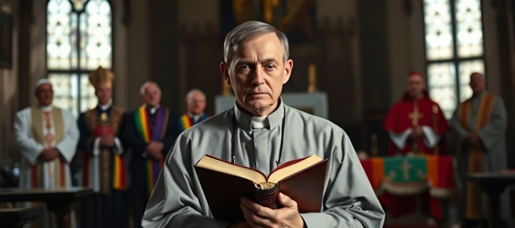 Ksiądz w tradycyjnym habitacie stoi w ciemnym kościele z Biblią w ręku, symbolizując opór wobec herezji modernistycznych. W tle rozmyte postacie biskupów w nowoczesnych szatach liturgicznych stoją przy ołtarzu ozdobionym symbolami LGBTQ+, ukazując apostazję błogosławieństwa par homoseksualnych.