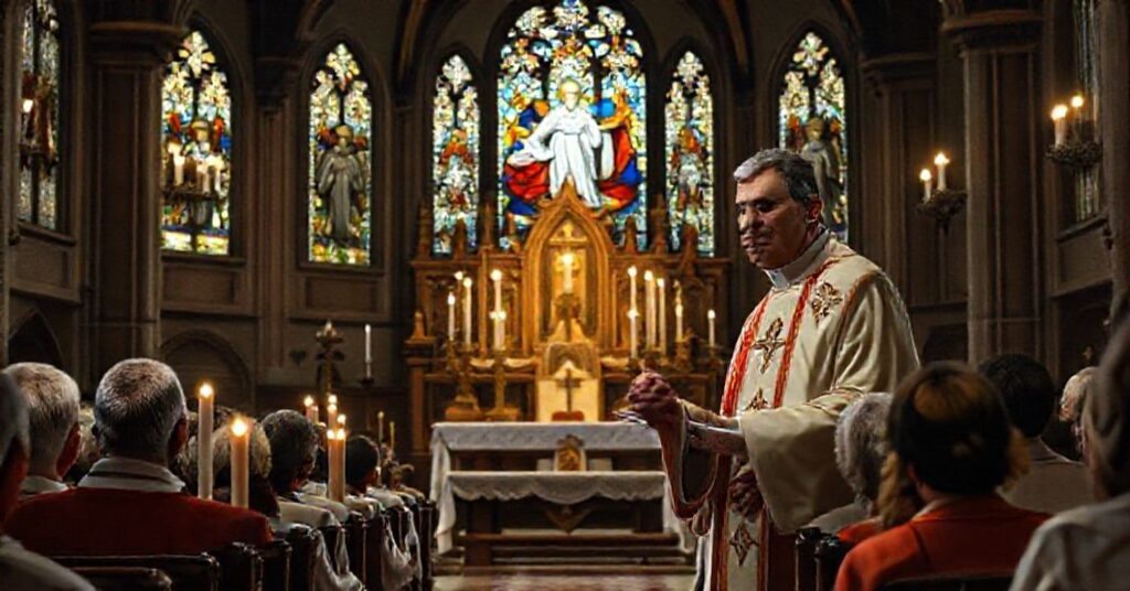 Obraz przedstawiający „biskupa” Piotra Gregera podczas mszy za Ojczyznę, symbolizujący naturalistyczny i modernistyczny pogląd na służeństwo bez Chrystusa Króla