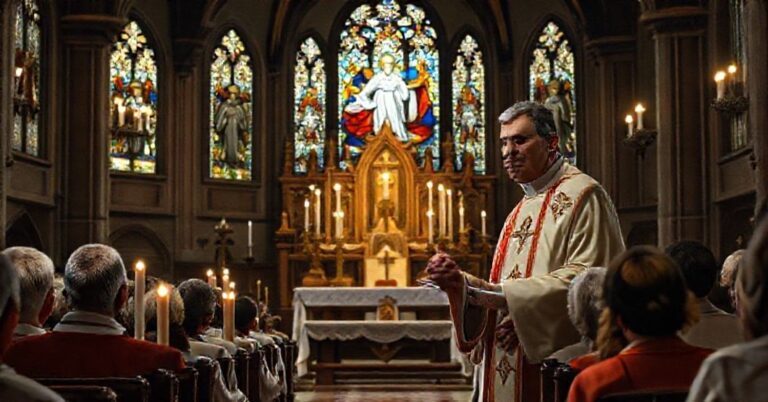 Obraz przedstawiający „biskupa” Piotra Gregera podczas mszy za Ojczyznę, symbolizujący naturalistyczny i modernistyczny pogląd na służeństwo bez Chrystusa Króla