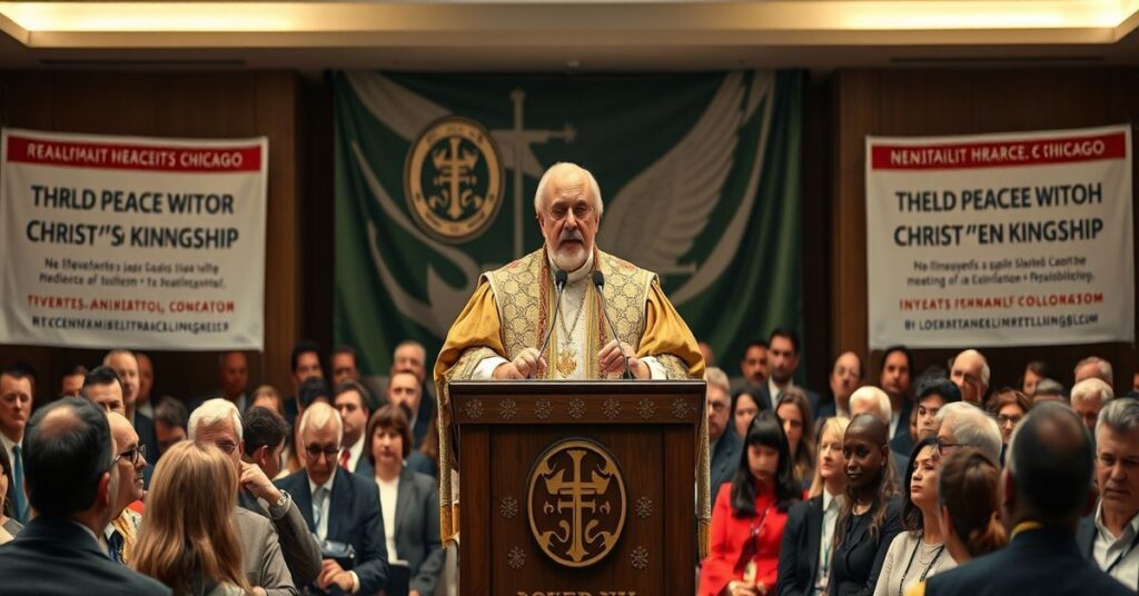 Portret Roberta Prevosta (występującego jako Leon XIV) podczas Międzynarodowego Spotkania na rzecz Pokoju i Pojednania na Uniwersytecie Loyoli w Chicago w 2026 roku. Scena przedstawia sztuczną ekumeniczną modlitwę z udziałem przedstawicieli różnych religii, co symbolizuje fałszywą harmonię bez prawdy katolickiej.