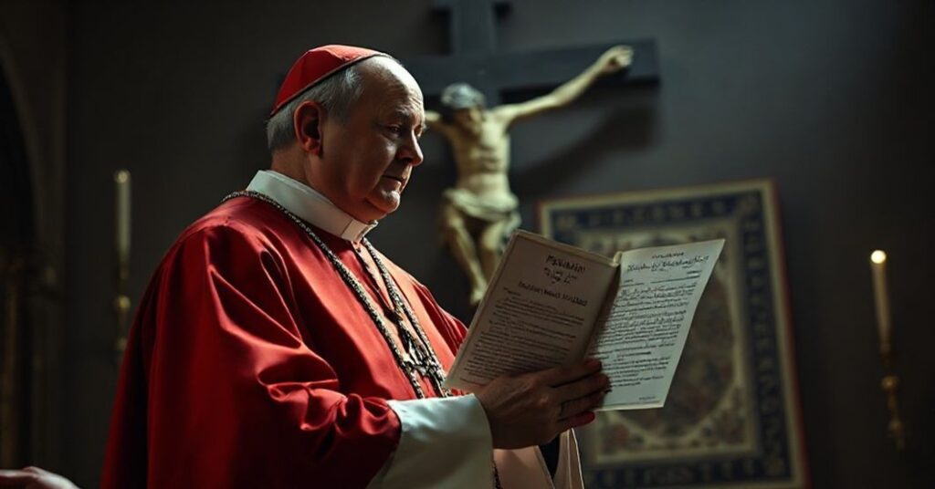 Tradycyjny katolicki biskup w pełnym stroju liturgicznym, trzymający dokument z nagrodą 'Premio San Giovanni Paolo II' przed krzyżem, symbolizujący apostazję dialogu z islamem