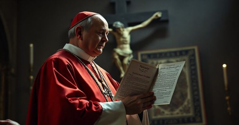 Tradycyjny katolicki biskup w pełnym stroju liturgicznym, trzymający dokument z nagrodą 'Premio San Giovanni Paolo II' przed krzyżem, symbolizujący apostazję dialogu z islamem