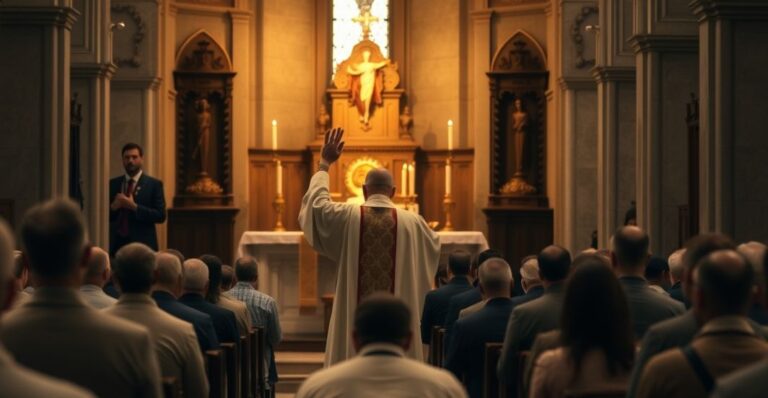 Sobór katolicki z kapłanem w ornaty, wątkami o prawdziwej Eucharystii i apostazji nowoewangelizacyjnej