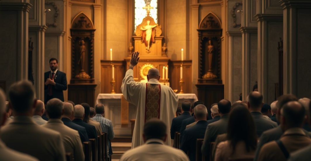 Sobór katolicki z kapłanem w ornaty, wątkami o prawdziwej Eucharystii i apostazji nowoewangelizacyjnej