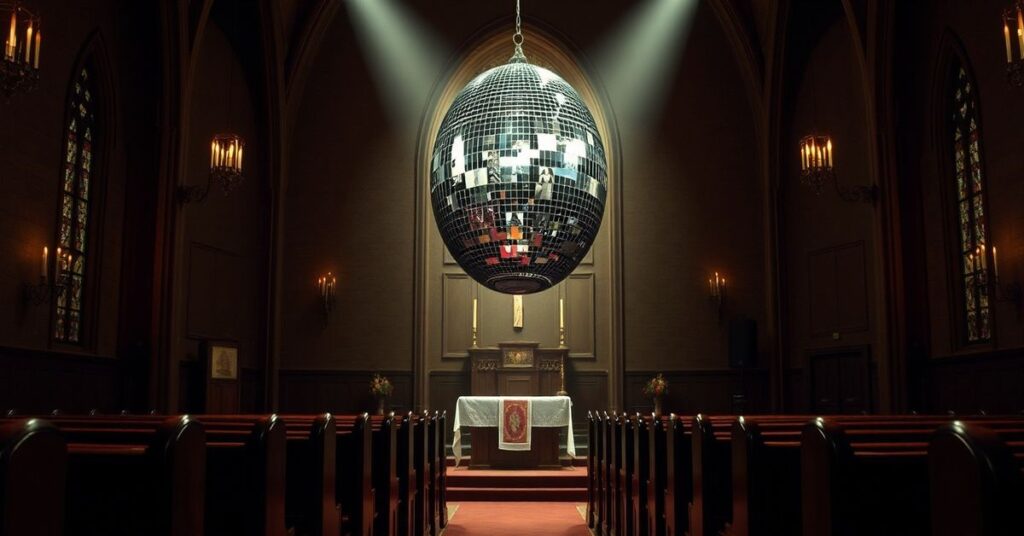 Wewnątrz tradycyjnego kościoła katolickiego z dyskotekową kulą i odmienionymi ścianami