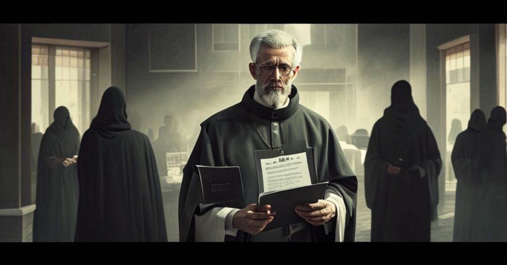 Tradycyjny książ katolicki w ornacie stojący przed budynkiem modernistycznego Caritas, trzymając dokument z dotacjami państwowymi