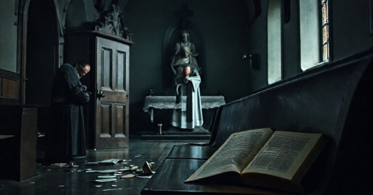 Pusty konfesjonał w tradycyjnym kościele katolickim z rozlanym kielichem i rozrzuconymi książkami modlitw. Zmęczona figura byłego dominikanina stojąca w cieniu ołtarza.