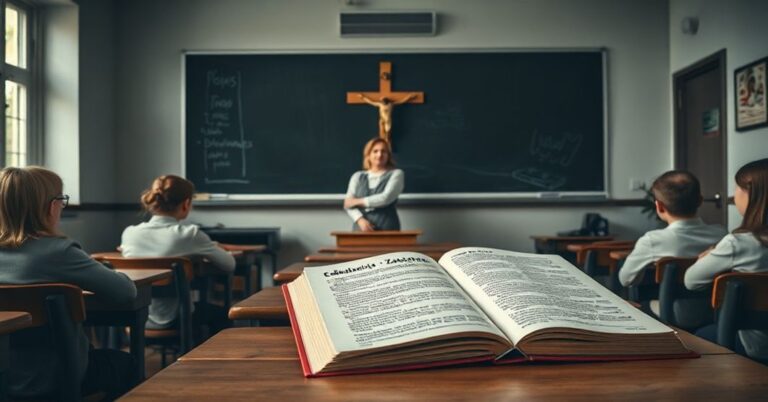 Klasa szkolna w tradycyjnym katolickim stylu z nauczycielką Barbarą Nowacką przy tablicy z przekreślonym "Panem Tadeuszem".