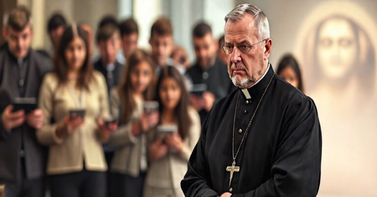 Tradycyjny ksiądz katolicki w sutannie z głębokim smutkiem patrzy na młodzież pod wpływem fałszywej edukacji propagowanej przez Leona XIV.