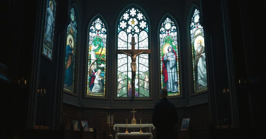 Wnętrze tradycyjnego kościoła katolickiego z krzyżem w centrum i dwoma księżmi w sutannach w cieniu, symbolizującym braku Chrystusa w nowoczesnej ekologii.