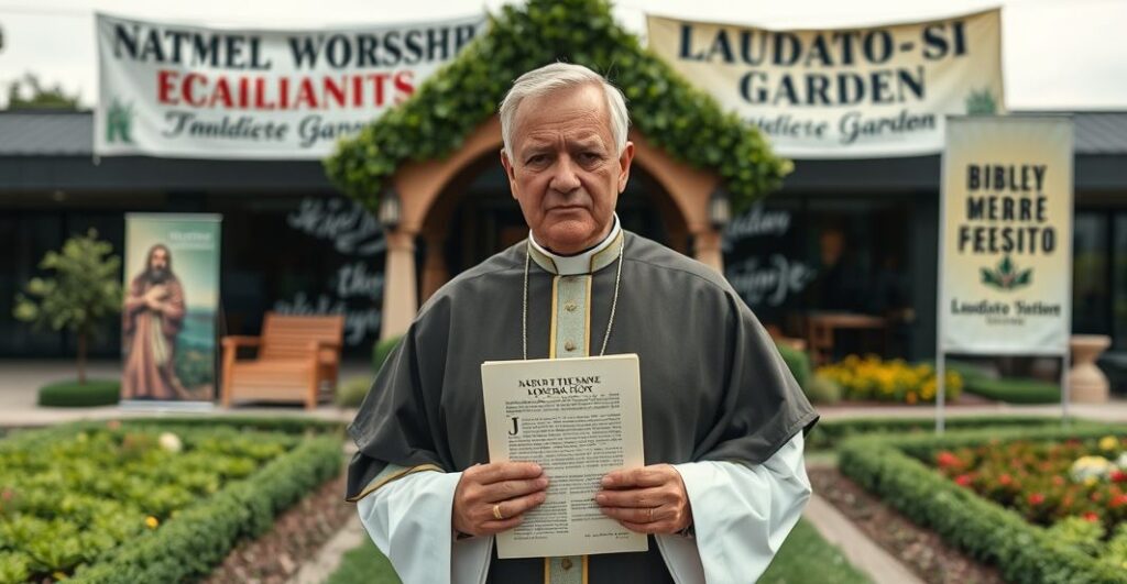Ksiądz w tradycyjnych szatach stoi przed kontrowersyjnym ośrodkiem edukacji ekologicznej w Broku, trzymając dekret Lamentabili Sane. W tle - zniekształcone modernistyczne tablice przymierza i sztuczny ogród biblijny. Scena symbolizuje synkretyzm ekologizmu modernistycznego.