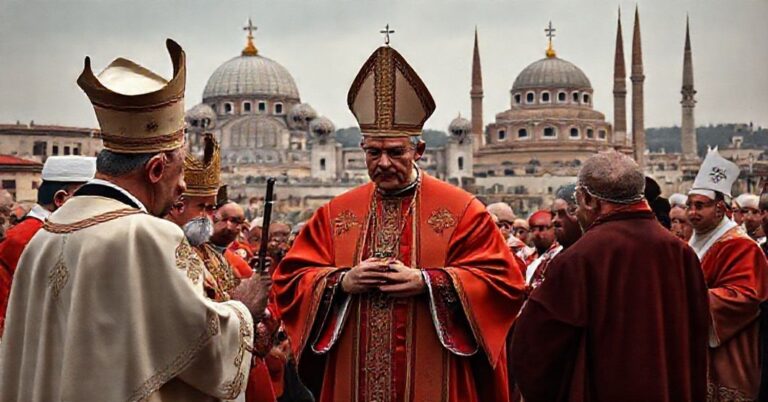 Wizerunek przedstawiający fałszywe ekumeniczne spotkanie 'Leona XIV' z heretyckimi przywódcami religijnymi w Turcji i Libanie.