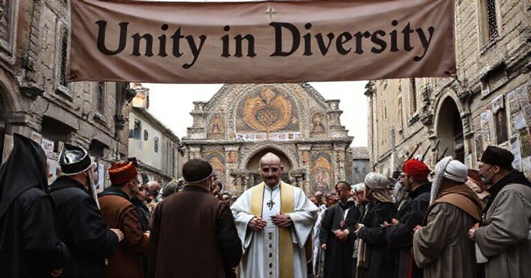 Stambuł: Scena modernistycznej sekty z anty-papieżem w otoczeniu przedstawicieli różnych religii