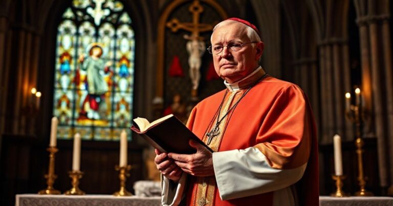 Sobołowy biskup w tradycyjnych szatach kaplańskich stoi przed ołtarzem, trzymajac zamkniętą książ symbolizując niezmienną doktrynę. W tle widoczny jest rozmyta postać przedstawiająca "kardynała" Kurta Kocha w modernistycznych szatach duchownych. Szklane witraż jest płatwy i symbolizuje rozbicie ekumeniczne. Ołtarz ozdobiony jest świecznikami i krucyfiksem podkreślając sakramenty.