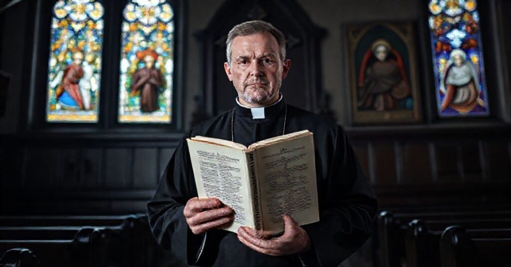 Mężczyzna w tradycyjnym sutannie stoi w starym kościele katolickim, trzymając książkę z naukami wiary katolickiej.