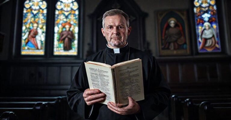 Mężczyzna w tradycyjnym sutannie stoi w starym kościele katolickim, trzymając książkę z naukami wiary katolickiej.