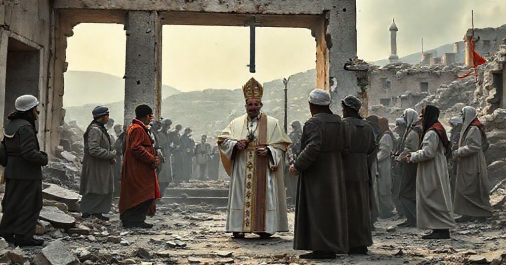 Zdjęcie przedstawiające fałszywą wizytę "papieża" Leona XIV w Turcji, symbolizującą apostazję i ekumenizm sprzeczny z prawdziwą wiarą katolicką.