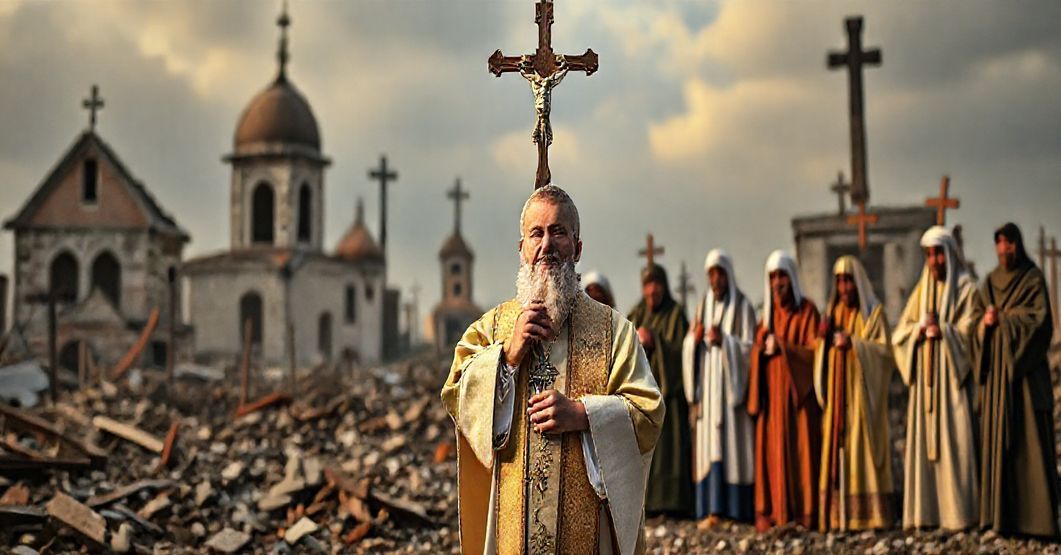 Kapłan katolicki w pełnym stroju liturgicznym stoi w zniszczonym krajobrazie ukraińskim z podniesionym krucyfiksem, podczas gdy różni przedstawiciele religijni modlą się razem w tle.