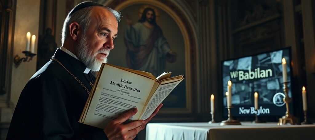Ksiądz w starożytnej kaplicy trzyma encyklikę uzurpatora Leona XIV z 2026 roku 'Magnifica Humanitas', symbolizującą apostazję Kościoła. Tło przedstawia zniszczony interfejs sztucznej inteligencji i fresk Chrystusa Króla.