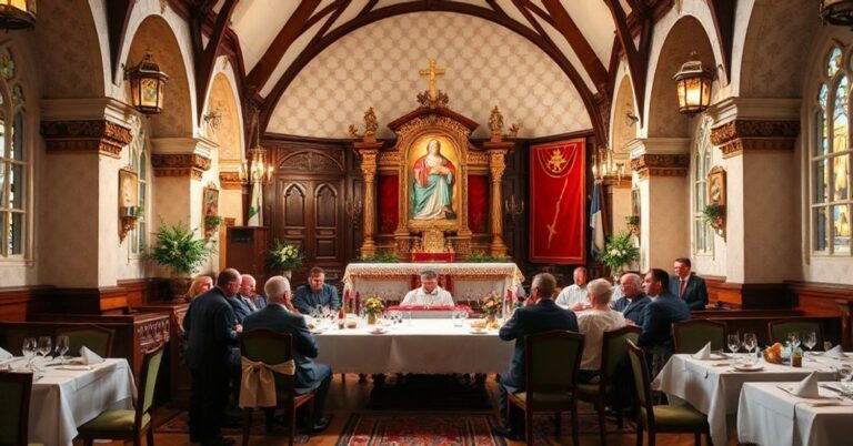 Stary ksiądz w tradycyjnym habitu patrzy z troską na nowoczesne menu gastronomiczne w kaplicy z ołtarzem i obrazem Chrystusa Ukrzyżowanego.