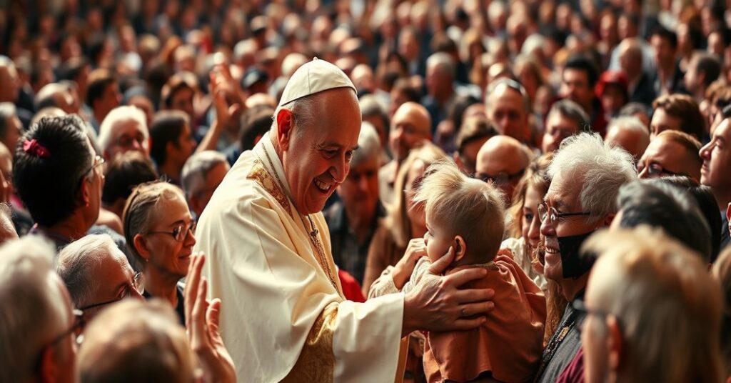 Zdjęcie przedstawiające fałszywego "papieża" otoczonego tłumem wiernych, ukazujące manipulację emocjonalną i fałszywą pobożność nowoczesnej ikonografii.