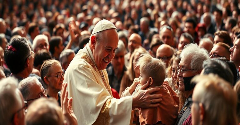 Zdjęcie przedstawiające fałszywego "papieża" otoczonego tłumem wiernych, ukazujące manipulację emocjonalną i fałszywą pobożność nowoczesnej ikonografii.