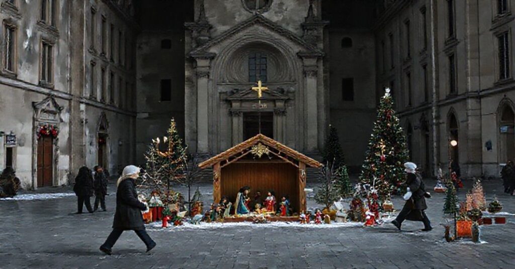 Melancholijny widok publicznego placu we Francji podczas Bożego Narodzenia, ukazujący pustkę religijnych symboli i brak prawdziwej wiary.
