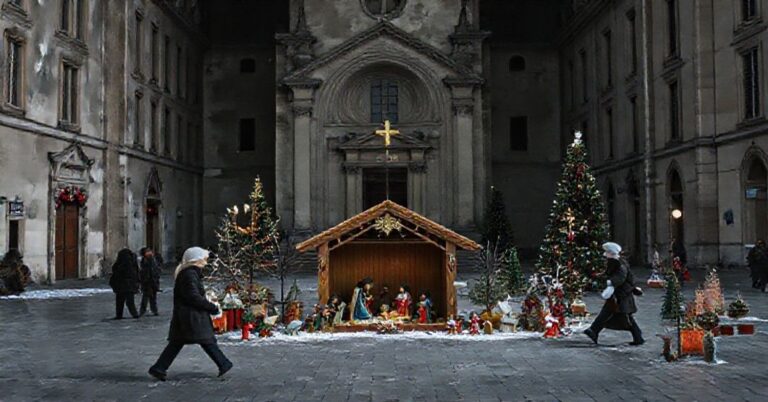 Melancholijny widok publicznego placu we Francji podczas Bożego Narodzenia, ukazujący pustkę religijnych symboli i brak prawdziwej wiary.