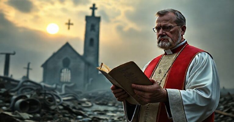 Ksiądz w katolickich szatach stoi przed niszczonym kościołem z encykliką Quas Primas w dłoni. W tle widoczne są sztuczne gazociągi Nord Stream oraz cienie Putina i Schrödera. Scena oświetlona jest przygasłym światłem zachodzącego słońca.