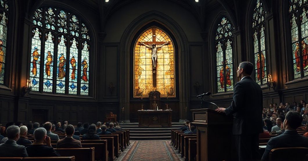 Zdjęcie symbolizujące apostazję Georgetown University: pusty kościół z usuniętym krucyfiksem i porzuconym tabernakulum.
