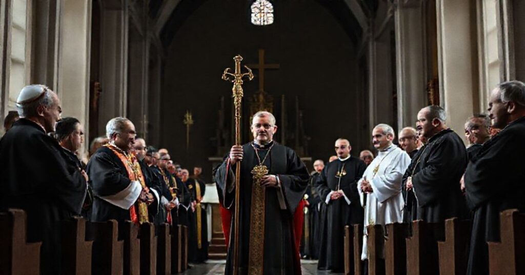 Jedzenie nowego fałszywego metropolity Krakowa przez modernistyczną sekta katolicką w świątyni z nowoczesnymi elementami.